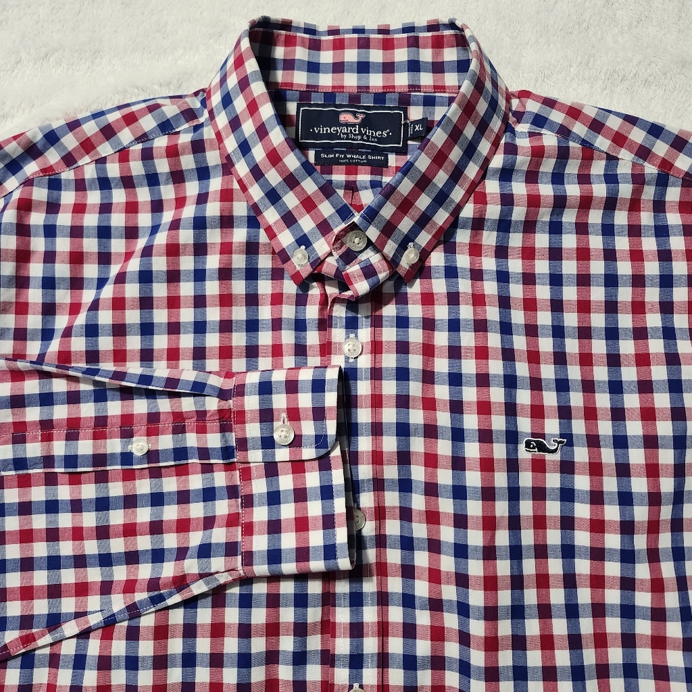 VINEYARD VINES Mens Slim Fit Checkered Button Down Dress Shirt Red Blue White XL